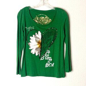 Disigual Green Printed Daisy Heart Sequins Long Sleeve Blouse Women’s Sz Medium